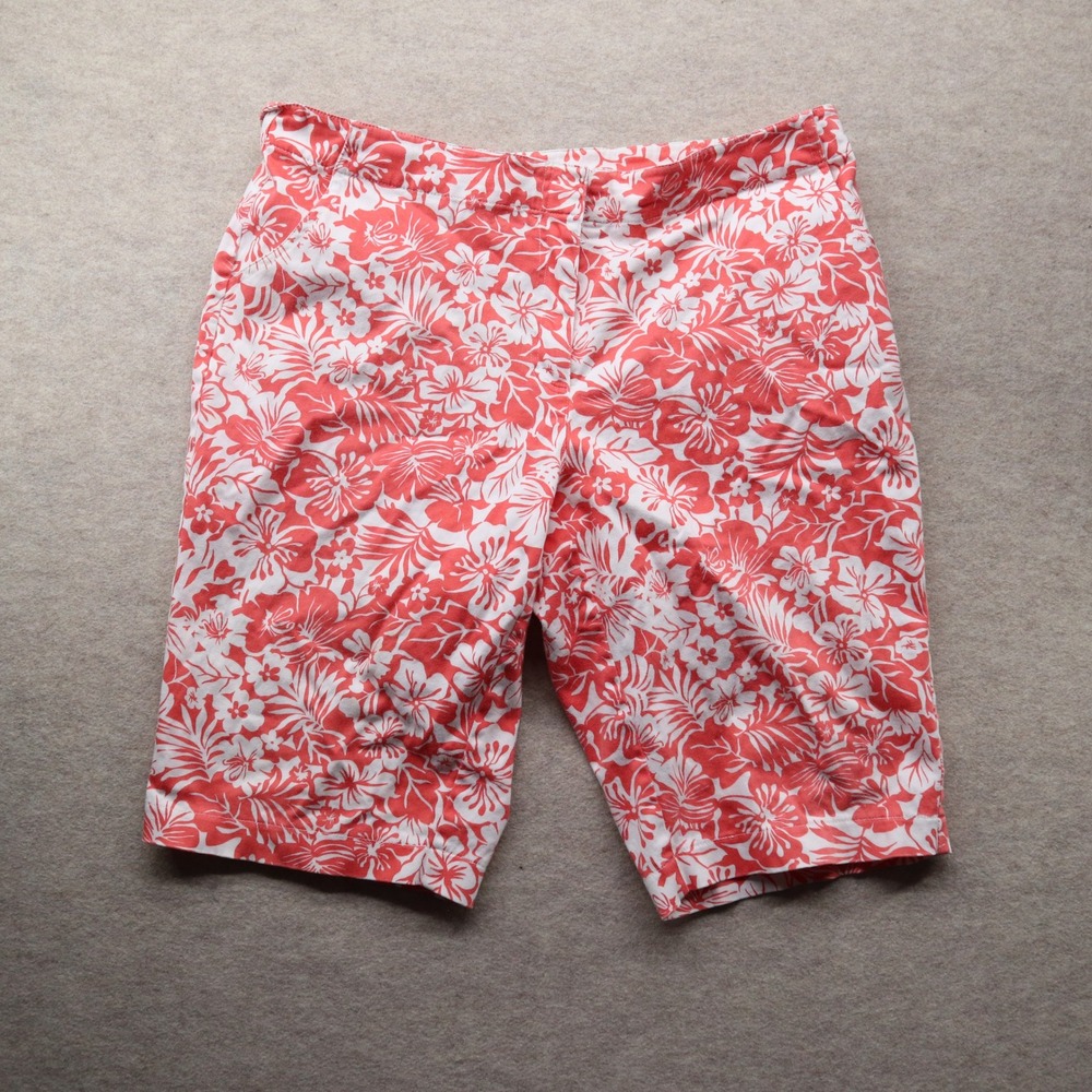 Palm Island Shorts 14 Tropical Floral‎ Y2K Hibiscus Print Red White Cotton